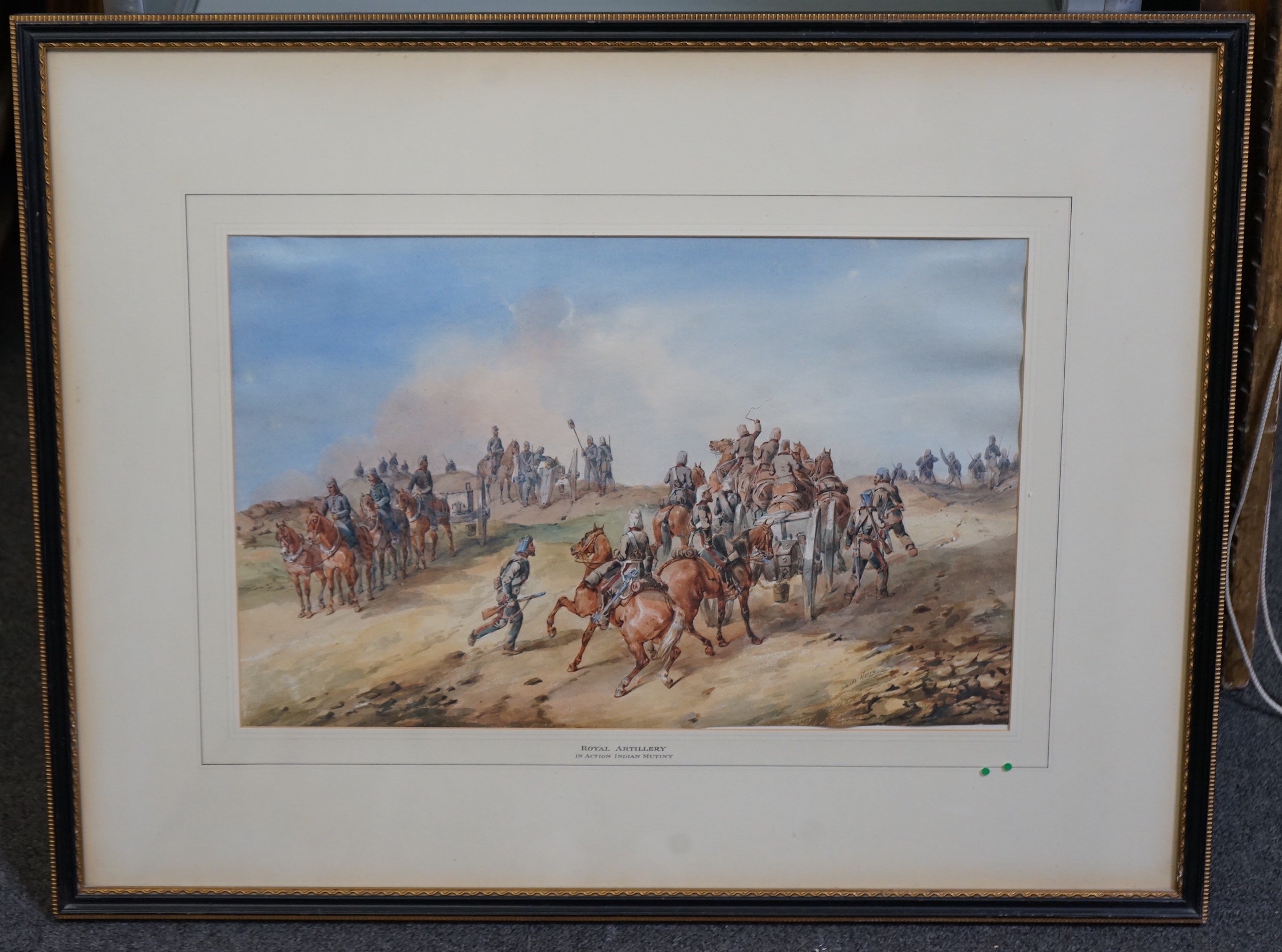 Orlando Norie (Belgian, 1832-1901), watercolour, ‘Royal Artillery in action, Indian Mutiny’, signed, 30 x 46.5cm. Condition - fair/good